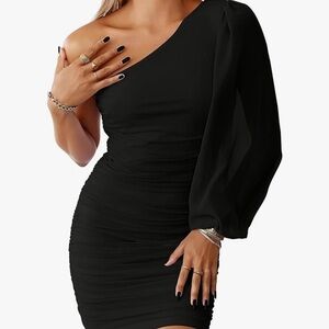 NWT LOGENE One Shoulder Puff Long Sleeve Ruched Bodycon Mini Dress